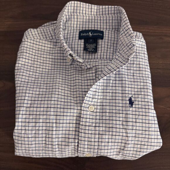 Boys Ralph Lauren Size 7 White/Blue Check Long Sleeve Button Down EUC - Picture 2 of 4